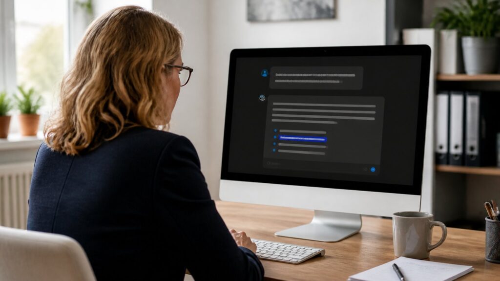 Unternehmerin am Schreibtisch liest auf dem Bildschirm die Antwort eines KI-Assistenten (Symbolbild, KI-generiert)